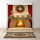 Aperturee - Vintage Kamin Vorhang mit roter Schleife Weihnachtskulisse